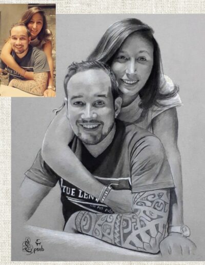 Portrait de couple, portrait d'après photo, portrait fait main à la pierre noire, dessinateur portraitiste