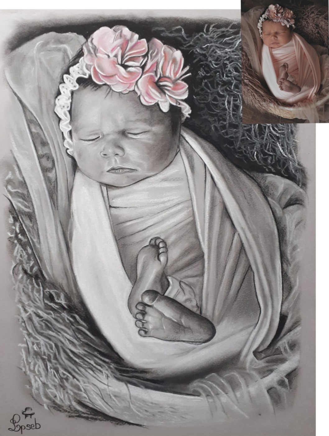 Portrait détaillé Pastels noir et blanc/couleur