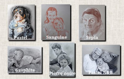 Techniques de portrait pastel, sanguine, sépia, pierre noire, crayon graphite, portrait d'après photo, dessinateur portraitiste