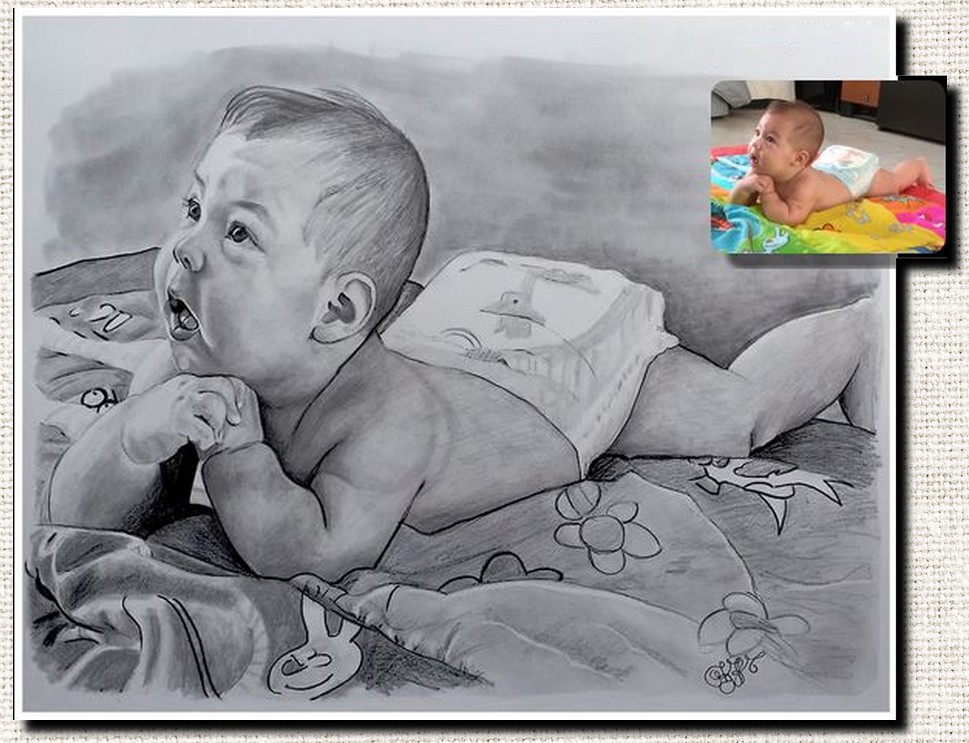 Portrait d'après photo, portrait aux crayons, dessinateur portraitiste, portrait de bébé, portrait réaliste, portrait au crayon graphite