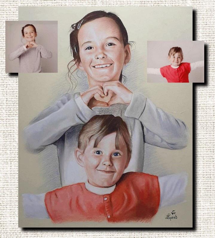 Portrait d’après photo au pastel couleur, réalisé à la main par Sébastien Huchet Maignan Portrait d'après photo, Portrait d'enfant