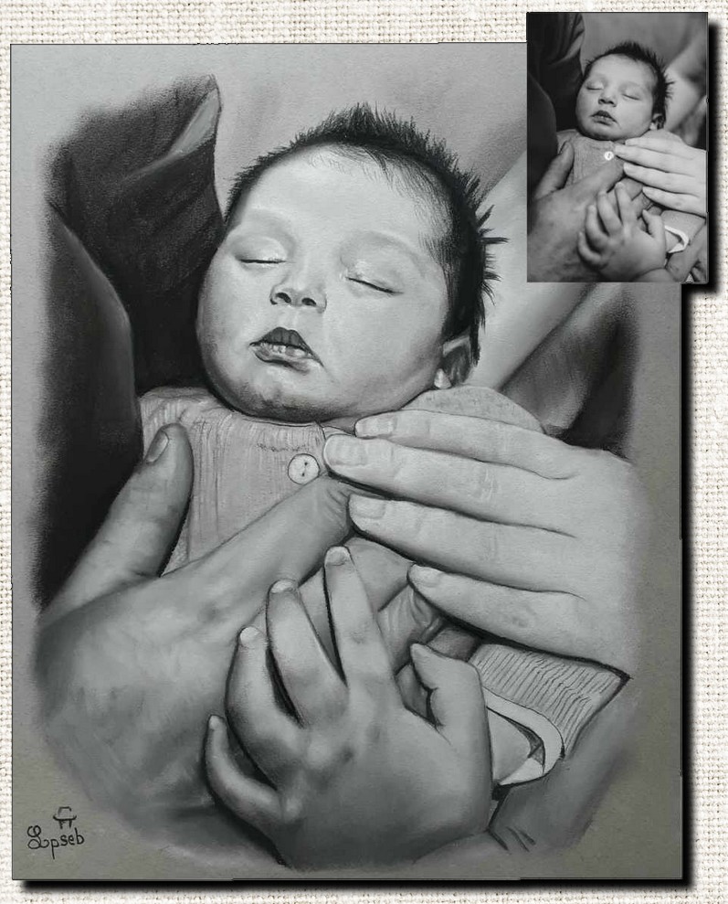 Portrait noir et blanc réalisé à la main, technique pastel sec sur papier, portrait d'après photo, dessinateur portraitiste, portrait pastel de bébé