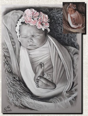 Portrait d’après photo au pastel noir et blanc, réalisé à la main par Sébastien Huchet Maignan Portrait d'après photo, Portrait de bébé