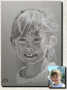 Portrait pastel d'enfant, portrait pierre noire, portrait d'après photo, dessinateur portraitiste