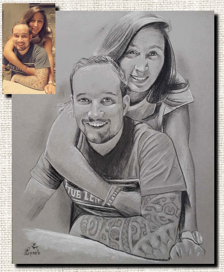 Portrait de couple d’après photo, réalisé à la main au pastel, Portrait pierre noire, portrait d'après photo, dessinateur portraitiste