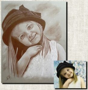 Portrait sépia, dessin d’après photo, portrait de d'enfant, dessinateur portraitiste, portrait d'après photo