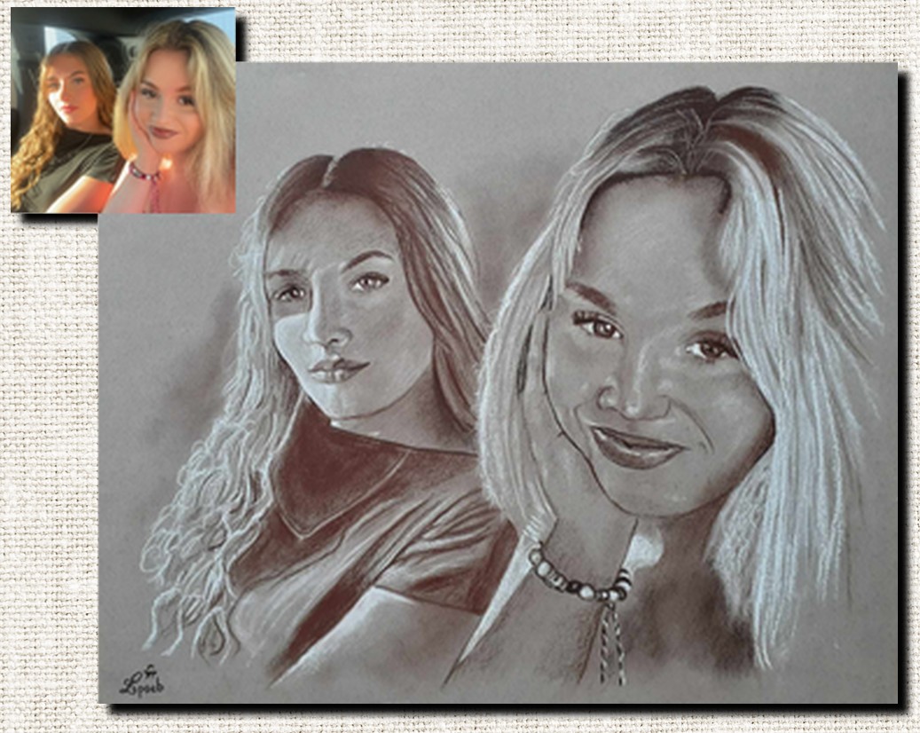 Portrait sépia, dessin d’après photo, portrait de copine, dessinateur portraitiste, portrait d'après photo