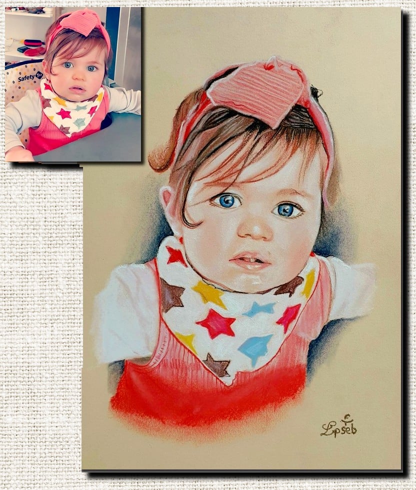 Portrait d’après photo au pastel couleur, réalisé à la main par Sébastien Huchet Maignan Portrait d'après photo, Portrait d'enfant