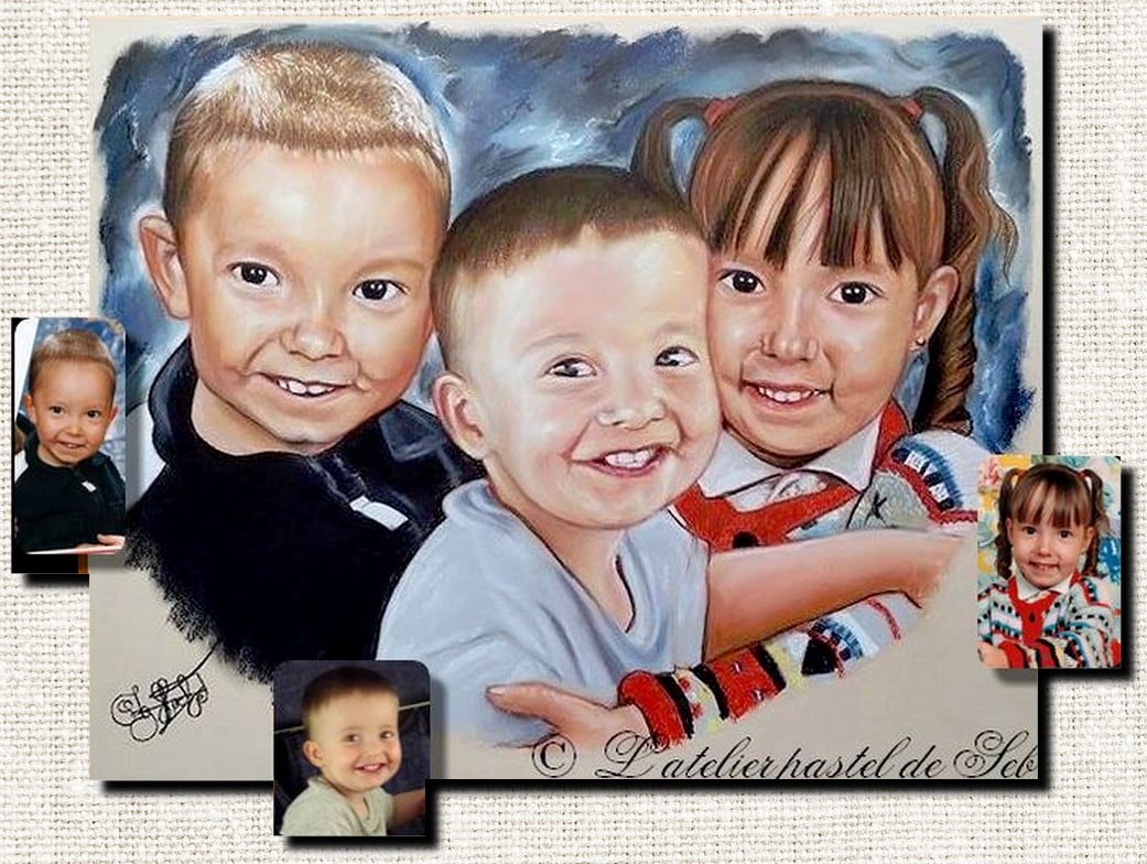 Portrait d’après photo au pastel couleur, réalisé à la main par Sébastien Huchet Maignan Portrait d'après photo, Portrait d'enfant