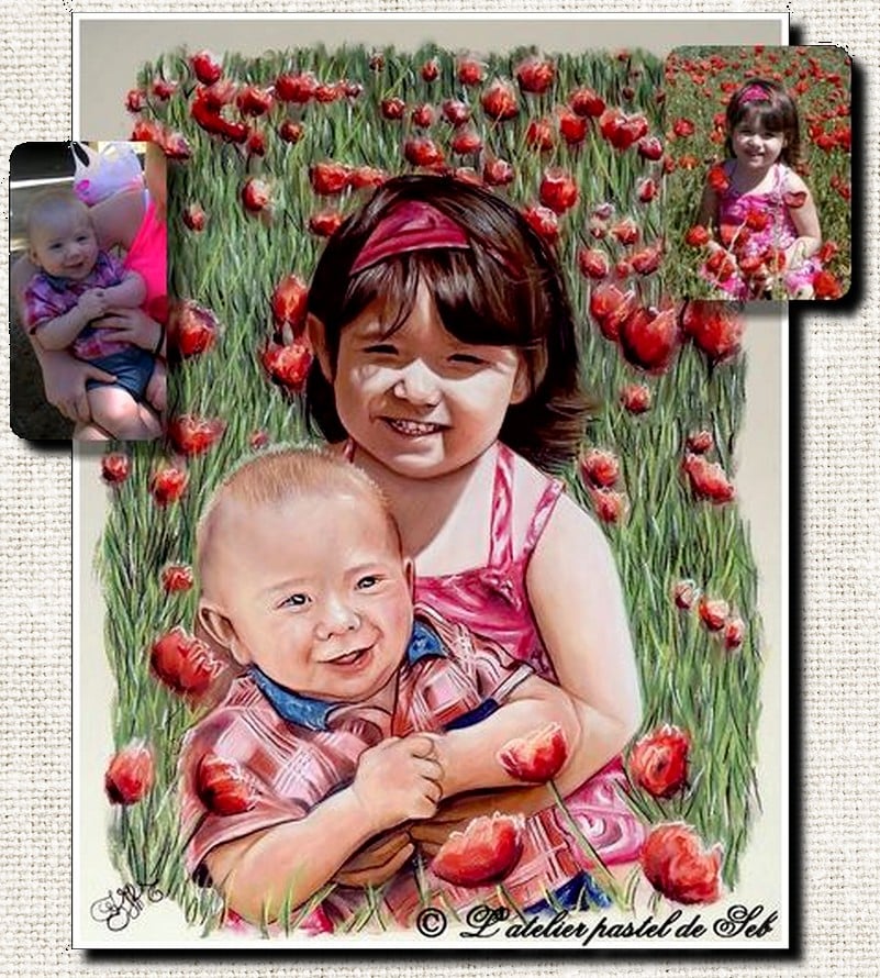 Portrait d’après photo au pastel couleur, réalisé à la main par Sébastien Huchet Maignan Portrait d'après photo, Portrait d'enfant