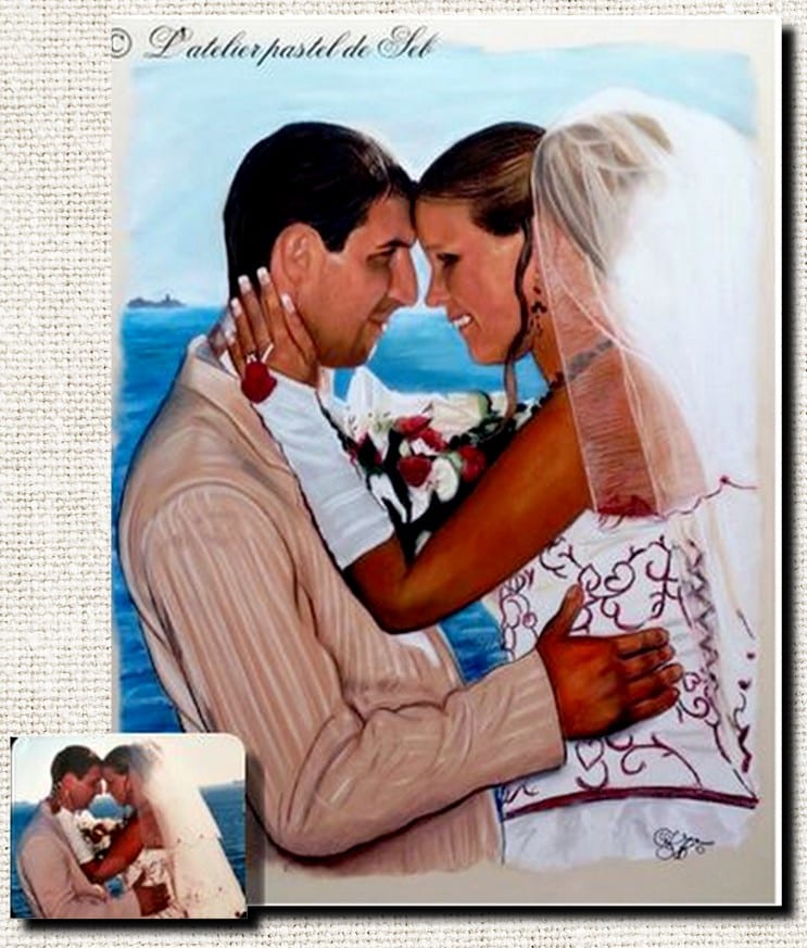 Portrait d’après photo au pastel couleur, réalisé à la main par Sébastien Huchet Maignan Portrait d'après photo, Portrait de couple