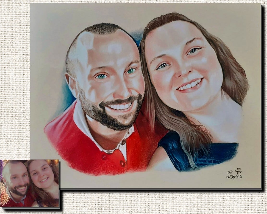 Portrait d’après photo au pastel couleur, réalisé à la main par Sébastien Huchet Maignan Portrait d'après photo, Portrait de couple