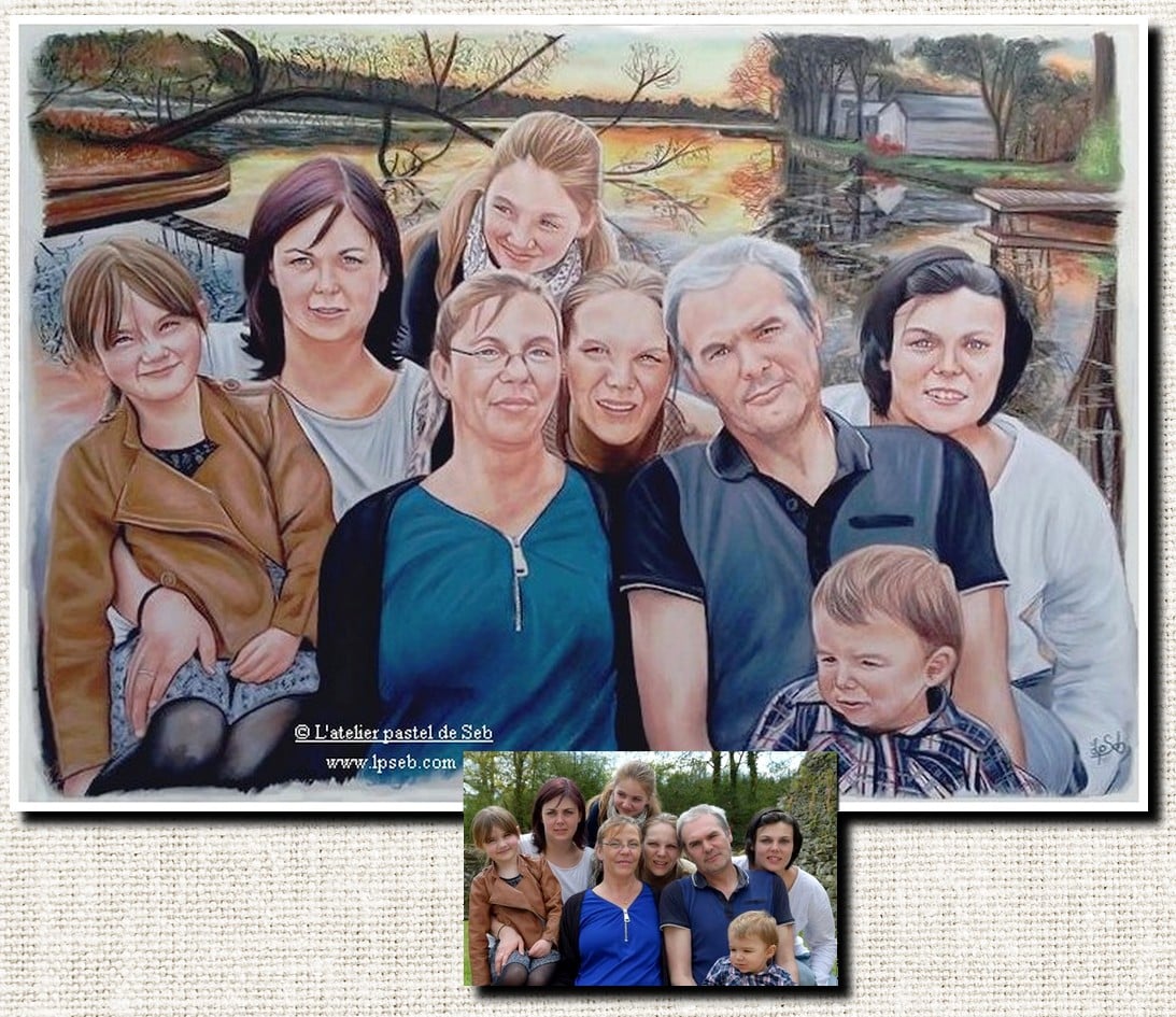 Portrait d’après photo au pastel couleur, réalisé à la main par Sébastien Huchet Maignan Portrait d'après photo, Portrait de famille