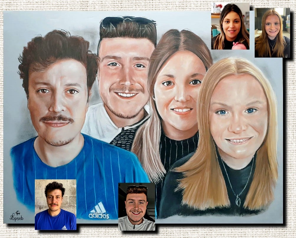 Portrait d’après photo au pastel couleur, réalisé à la main par Sébastien Huchet Maignan Portrait d'après photo, Portrait de famille