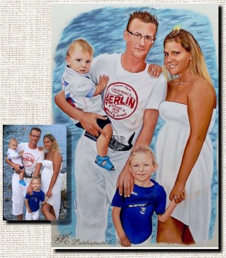 Portrait d’après photo au pastel couleur, réalisé à la main par Sébastien Huchet Maignan Portrait d'après photo, Portrait de famille