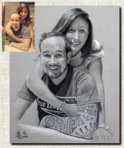 Portrait de couple, portrait d'après photo, portrait fait main à la pierre noire, dessinateur portraitiste